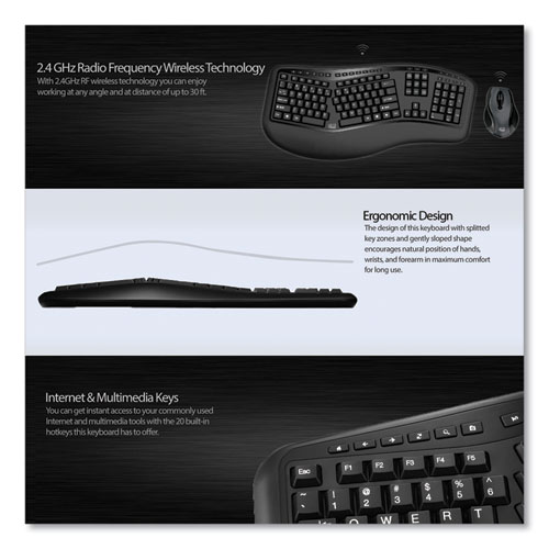 Picture of WKB1500GB Wireless Ergonomic Keyboard and Mouse, 2.4 GHz Frequency/30 ft Wireless Range, Black
