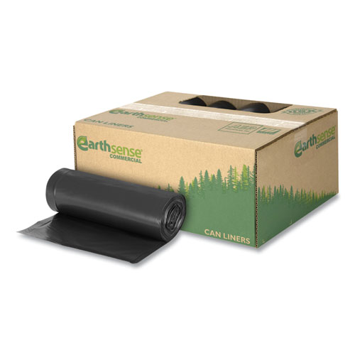 Picture of Linear Low Density Recycled Can Liners, 60 gal, 1.25 mil, 38" x 58", Black, 10 Bags/Roll, 10 Rolls/Carton