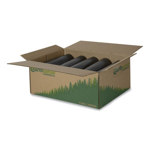 Picture of Linear Low Density Recycled Can Liners, 60 gal, 1.25 mil, 38" x 58", Black, 10 Bags/Roll, 10 Rolls/Carton