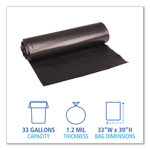 Picture of Recycled Low-Density Polyethylene Can Liners, 33 gal, 1.2 mil, 33" x 39", Black, Perforated, 10 Bags/Roll, 10 Rolls/Carton