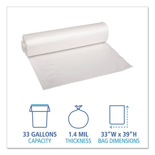 Picture of Recycled Low-Density Polyethylene Can Liners, 33 gal, 1.4 mil, 33" x 39", Clear, Perforated, 10 Bags/Roll, 10 Rolls/Carton