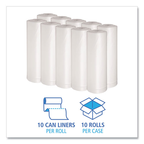 Picture of Recycled Low-Density Polyethylene Can Liners, 60 gal, 1.75 mil, 38" x 58", Clear, Perforated, 10 Bags/Roll, 10 Rolls/Carton