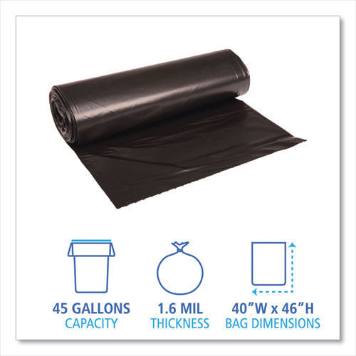 Picture of Recycled Low-Density Polyethylene Can Liners, 45 gal, 1.6 mil, 40" x 46", Black, Perforated, 10 Bags/Roll, 10 Rolls/Carton