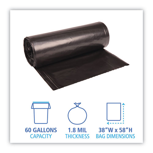 Picture of Recycled Low-Density Polyethylene Can Liners, 60 gal, 1.8 mil, 38" x 58", Black, Perforated, 10 Bags/Roll, 10 Rolls/Carton