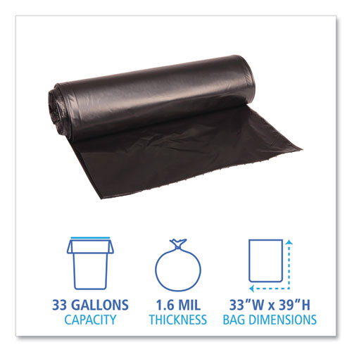 Picture of Recycled Low-Density Polyethylene Can Liners, 33 gal, 1.6 mil, 33" x 39", Black, Perforated, 10 Bags/Roll, 10 Rolls/Carton