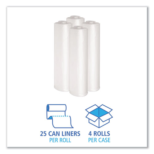 Picture of Recycled Low-Density Polyethylene Can Liners, 33 gal, 1.4 mil, 33" x 39", Clear, Perforated, 10 Bags/Roll, 10 Rolls/Carton