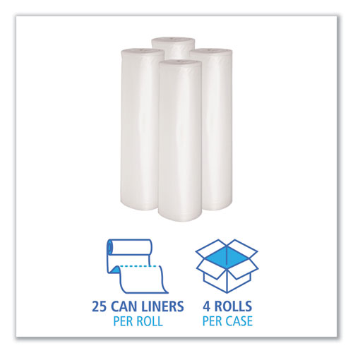 Picture of Recycled Low-Density Polyethylene Can Liners, 60 gal, 1.1 mil, 38" x 58", Clear, Perforated, 10 Bags/Roll, 10 Rolls/Carton