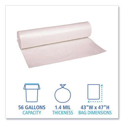 Picture of Recycled Low-Density Polyethylene Can Liners, 56 gal, 1.4 mil, 43" x 47", Clear, Perforated, 10 Bags/Roll, 10 Rolls/Carton