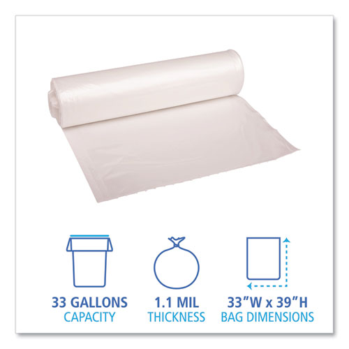 Picture of Recycled Low-Density Polyethylene Can Liners, 33 gal, 1.1 mil, 33" x 39", Clear, Perforated, 10 Bags/Roll, 10 Rolls/Carton