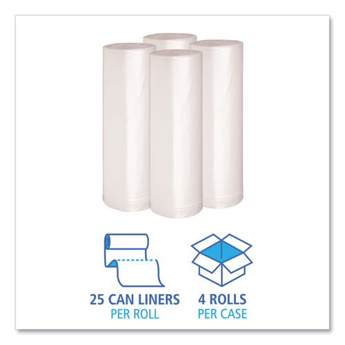 Picture of Recycled Low-Density Polyethylene Can Liners, 60 gal, 1.4 mil, 38" x 58", Clear, Perforated, 10 Bags/Roll, 10 Rolls/Carton