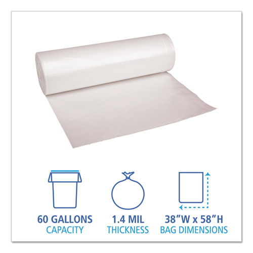 Picture of Recycled Low-Density Polyethylene Can Liners, 60 gal, 1.4 mil, 38" x 58", Clear, Perforated, 10 Bags/Roll, 10 Rolls/Carton