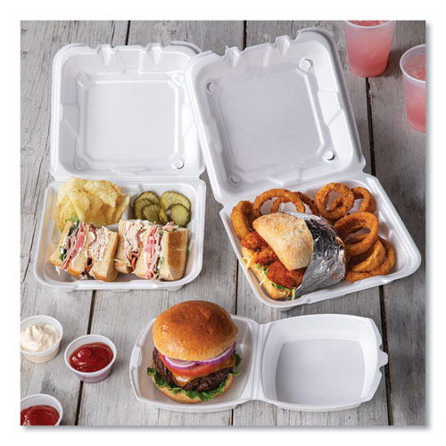 Picture of Vented Foam Hinged Lid Container, Dual Tab Lock, 3-Compartment, 8.42 x 8.15 x 3, White, 150/Carton