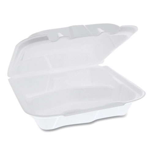 Picture of Vented Foam Hinged Lid Container, Dual Tab Lock, 3-Compartment, 8.42 x 8.15 x 3, White, 150/Carton