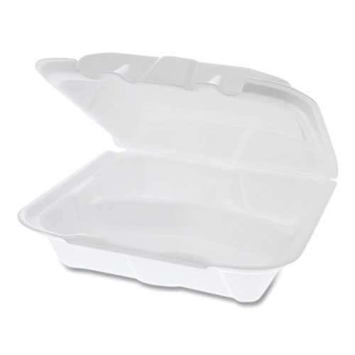 Picture of Vented Foam Hinged Lid Container, Dual Tab Lock, 3-Compartment, 8.42 x 8.15 x 3, White, 150/Carton