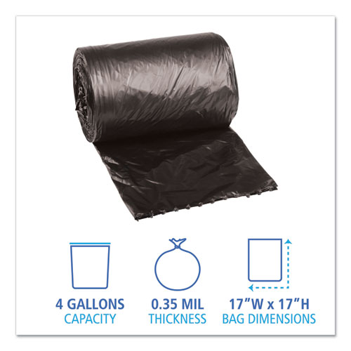 Picture of Low-Density Waste Can Liners, 4 gal, 0.35 mil, 17" x 17", Black, Perforated Roll, 50 Bags/Roll, 20 Rolls/Carton