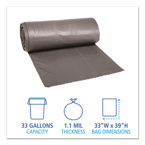 Picture of Low-Density Waste Can Liners, 33 gal, 1.1 mil, 33" x 39", Gray, Perforated Roll, 25 Bags/Roll, 4 Rolls/Carton