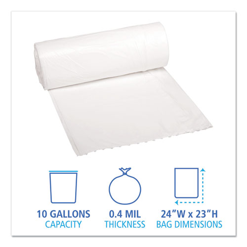 Picture of Low-Density Waste Can Liners, 10 gal, 0.4 mil, 24" x 23", White, Perforated Roll, 25 Bags/Roll, 20 Rolls/Carton