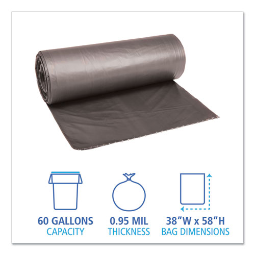 Picture of Low-Density Waste Can Liners, 60 gal, 0.95 mil, 38" x 58", Gray, Perforated Roll, 25 Bags/Roll, 4 Rolls/Carton