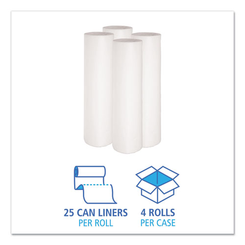 Picture of Low-Density Waste Can Liners, 56 gal, 0.6 mil, 43" x 47", White, Perforated Roll, 25 Bags/Roll, 4 Rolls/Carton