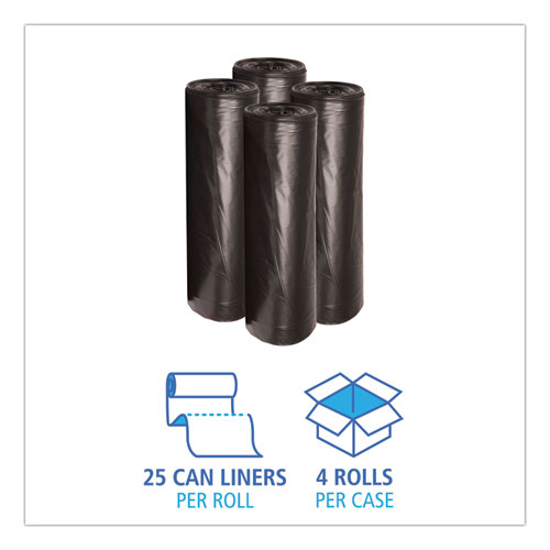 Picture of Low-Density Waste Can Liners, 45 gal, 0.6 mil, 40" x 46", Black, Perforated Roll, 25 Bags/Roll, 4 Rolls/Carton