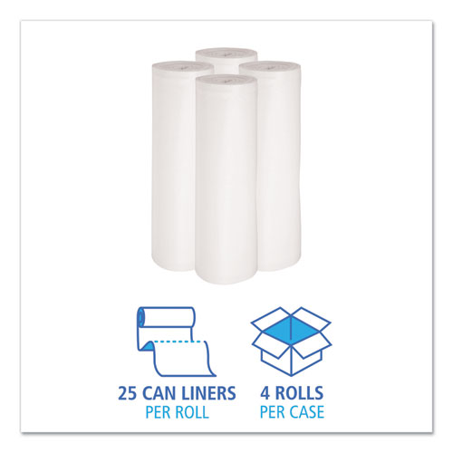 Picture of Low-Density Waste Can Liners, 60 gal, 0.6 mil, 38" x 58", White, Perforated Roll, 25 Bags/Roll, 4 Rolls/Carton