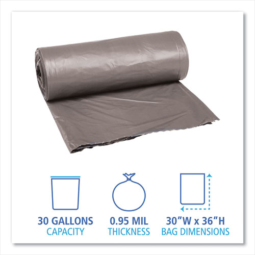 Picture of Low-Density Waste Can Liners, 30 gal, 0.95 mil, 30" x 36", Gray, Perforated Roll, 25 Bags/Roll, 4 Rolls/Carton