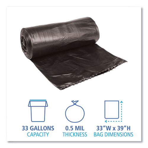 Picture of Low-Density Waste Can Liners, 33 gal, 0.5 mil, 33" x 39", Black, Perforated Roll, 25 Bags/Roll, 8 Rolls/Carton