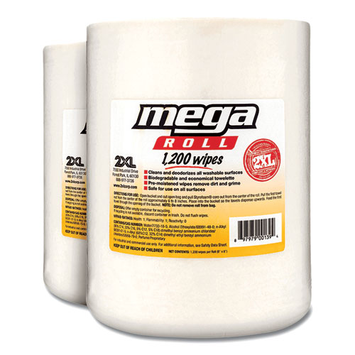 Picture of Gym Wipes Mega Roll Refill, 8 x 8, Unscented, White, 1,200/Roll, 2 Rolls/Carton