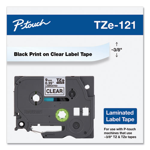 Picture of TZe Standard Adhesive Laminated Labeling Tape, 0.35" x 26.2 ft, Black on Clear