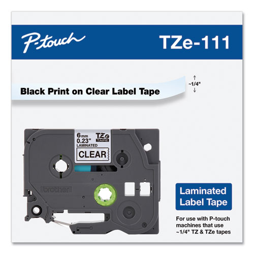 Picture of TZe Standard Adhesive Laminated Labeling Tape, 0.23" x 26.2 ft, Black on Clear