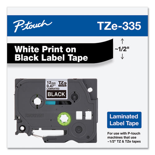 Picture of TZe Standard Adhesive Laminated Labeling Tape, 0.47" x 26.2 ft, White on Black