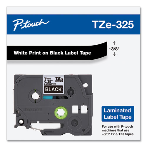 Picture of TZe Standard Adhesive Laminated Labeling Tape, 0.35" x 26.2 ft, White on Black