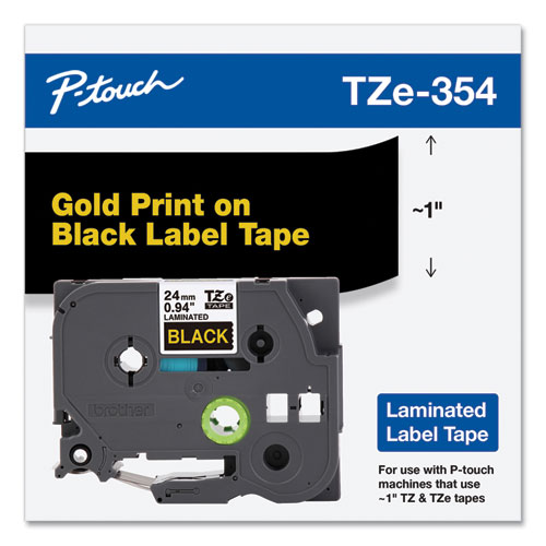 Picture of TZe Standard Adhesive Laminated Labeling Tape, 0.94" x 26.2 ft, Gold on Black