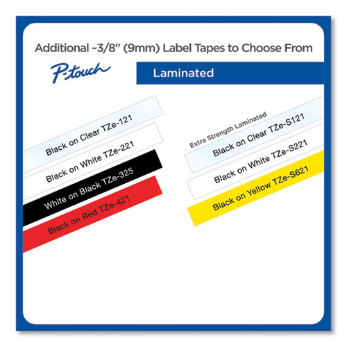 Picture of TZe Standard Adhesive Laminated Labeling Tape, 0.35" x 26.2 ft, Black on White