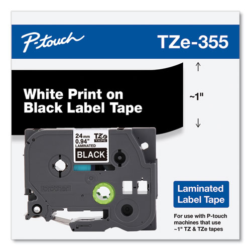 Picture of TZe Standard Adhesive Laminated Labeling Tape, 0.94" x 26.2 ft, White on Black