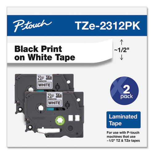 Picture of TZe Standard Adhesive Laminated Labeling Tapes, 0.47" x 26.2 ft, Black on White, 2/Pack