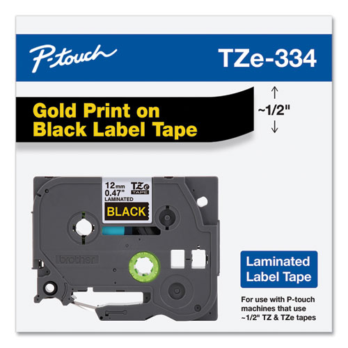 Picture of TZe Standard Adhesive Laminated Labeling Tape, 0.47" x 26.2 ft, Gold on Black