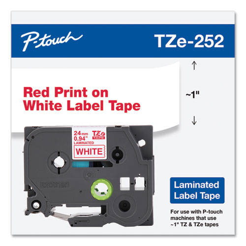 Picture of TZe Standard Adhesive Laminated Labeling Tape, 0.94" x 26.2 ft, Red on White