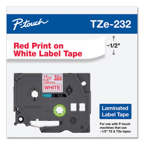 Picture of TZe Standard Adhesive Laminated Labeling Tape, 0.47" x 26.2 ft, Red on White