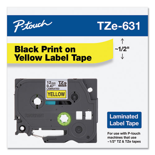 Picture of TZe Standard Adhesive Laminated Labeling Tape, 0.47" x 26.2 ft, Black on Yellow