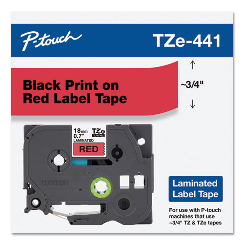 Picture of TZe Standard Adhesive Laminated Labeling Tape, 0.7" x 26.2 ft, Black on Red