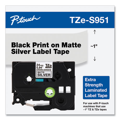 Picture of TZ Extra-Strength Adhesive Laminated Labeling Tape, 0.94" x 26.2 ft, Black on Matte Silver