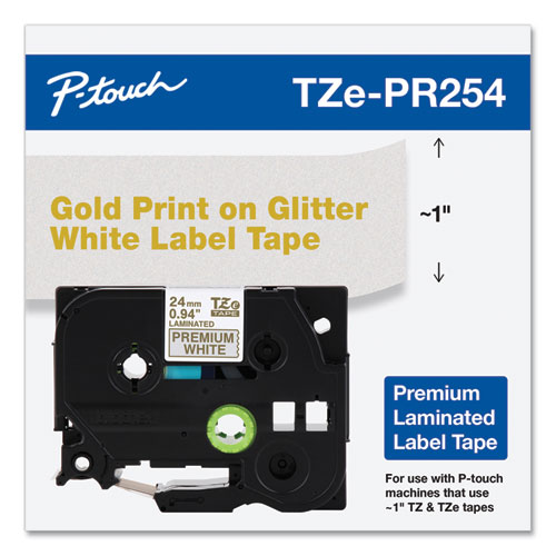 Picture of TZe Premium Laminated Tape, 0.94" x 26.2 ft, Gold on White