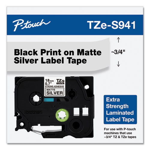 Picture of TZ Extra-Strength Adhesive Laminated Labeling Tape, 0.7" x 26.2 ft, Black on Matte Silver