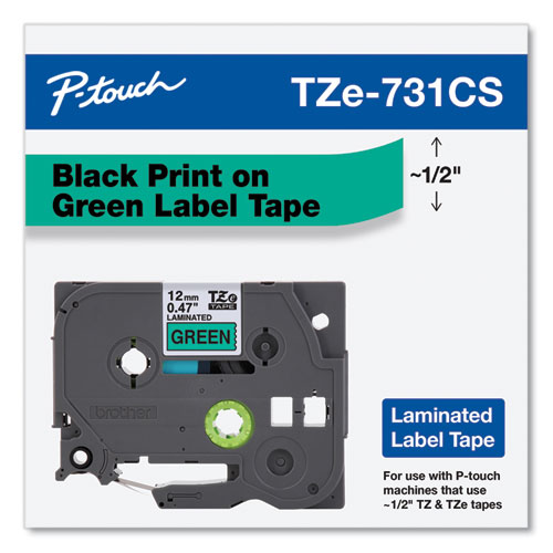 Picture of TZe Laminated Removable Label Tapes, 0.47" x 26.2 ft, Black on Green