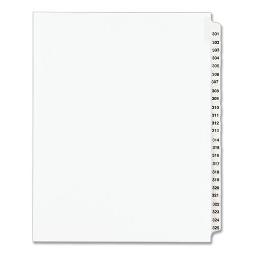 Picture of Preprinted Legal Exhibit Side Tab Index Dividers, Avery Style, 25-Tab, 301 to 325, 11 x 8.5, White, 1 Set, (1342)