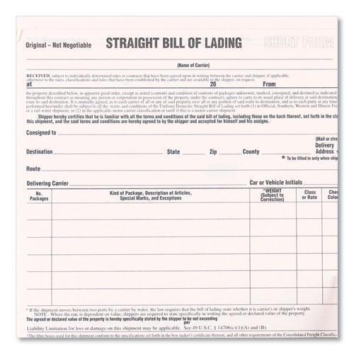 Picture of Snap-A-Way Bill of Lading, Short Form, Three-Part Carbonless, 7 x 8.5, 250 Forms Total