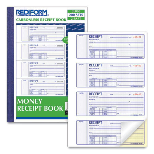 Picture of Money Receipt Book, Softcover, Two-Part Carbonless, 7 x 2.75, 4 Forms/Sheet, 200 Forms Total