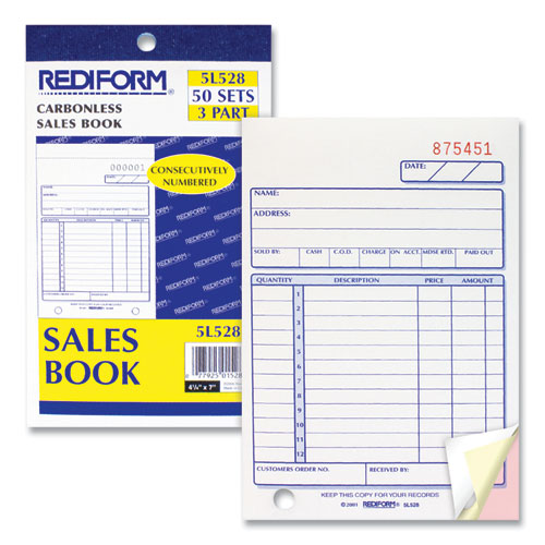 Picture of Sales Book, 12 Lines, Three-Part Carbonless, 4.25 x 6.38, 50 Forms Total