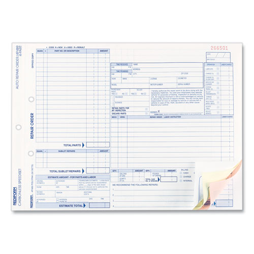 Picture of Speediset Four-Part Auto Repair Form, Four-Part Carbonless, 11 x 8.5, 50 Forms Total